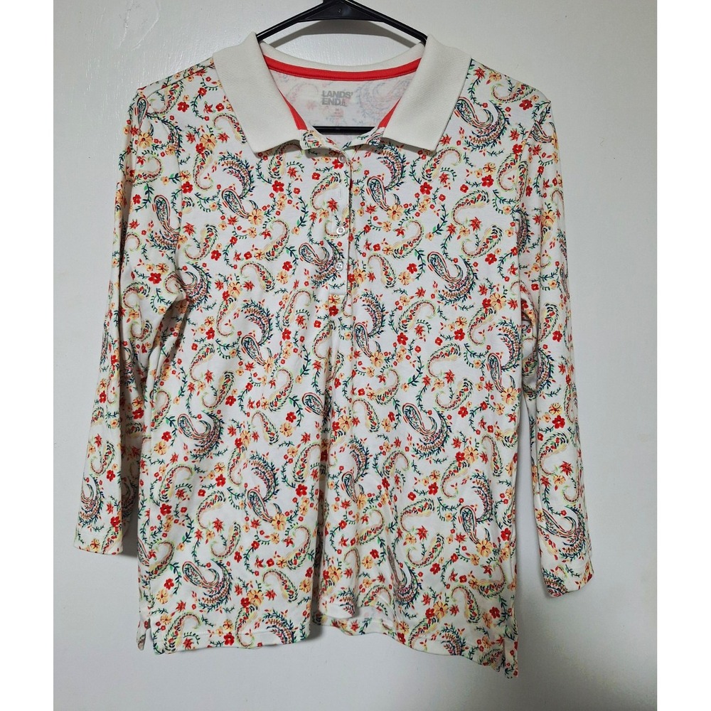 Lands' End Women's Polo Shirt M Floral Paisley 3/4 Sleeve Collared Stretch Fall